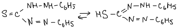 Дитизон: таутомерное равновесие S=C(NH–NH–C₆H₅)(N=N–C₆H₅) ⇄ HS–C(=N–NH–C₆H₅)(N=N–C₆H₅)