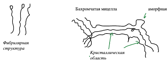 Фибриллярная структура и бахромчатая мицелла: кристаллические области с параллельными цепями и аморфные участки между ними