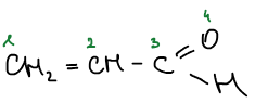 Акролеин CH₂=CH–CH=O: атомы 1, 2, 3 — углерод, 4 — кислород