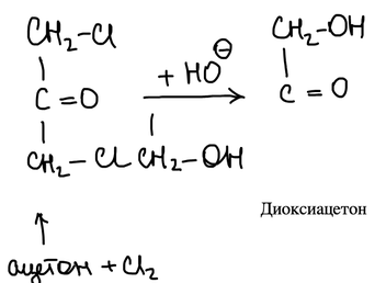 Дихлорацетон и щёлочь дают диоксиацетон